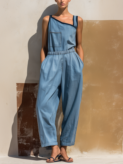 Light Wash Denim Asymmetric Jumpsuit | Elastic Waist with Pockets