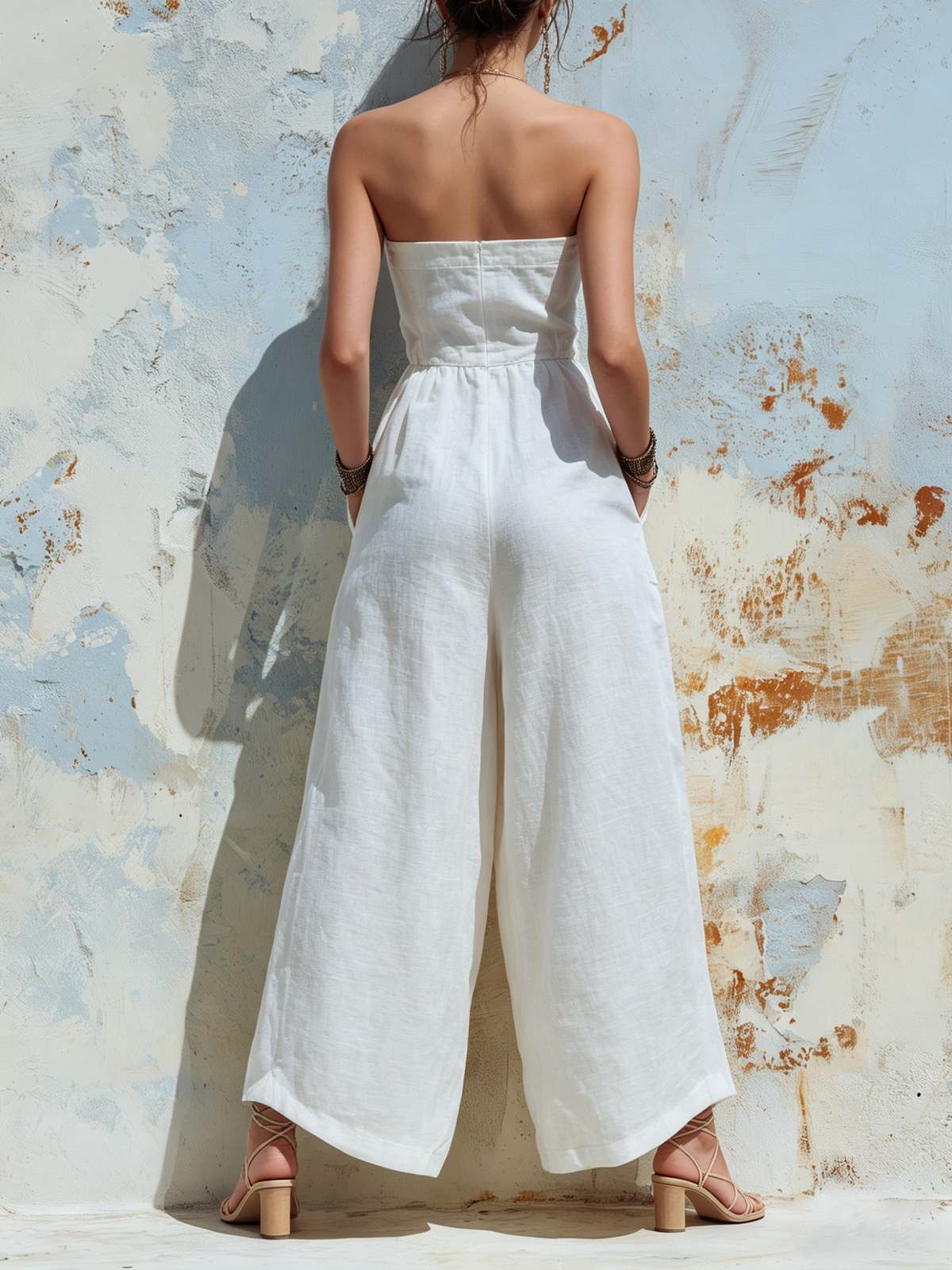 Strapless Linen Wide-Leg Jumpsuit with Button Detail and Pockets