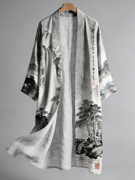 Men's Retro Landscape Painting Art Linen Long Kimono