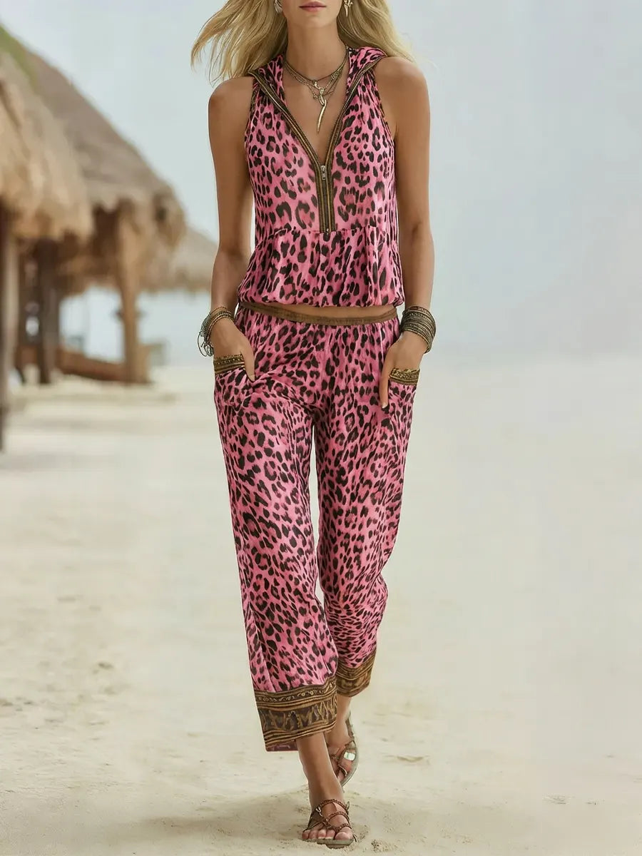 Retro Leopard Art Print Hooded Casual Top and Pants Suits