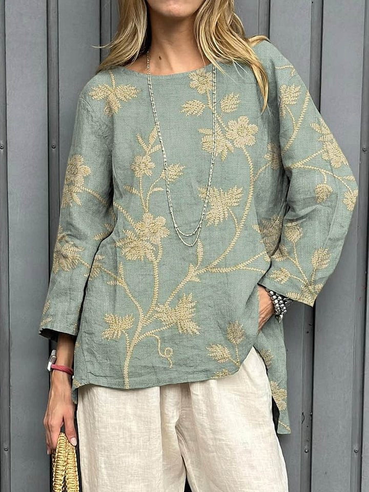 Retro Floral Art Print Casual Cotton Casual Blouse