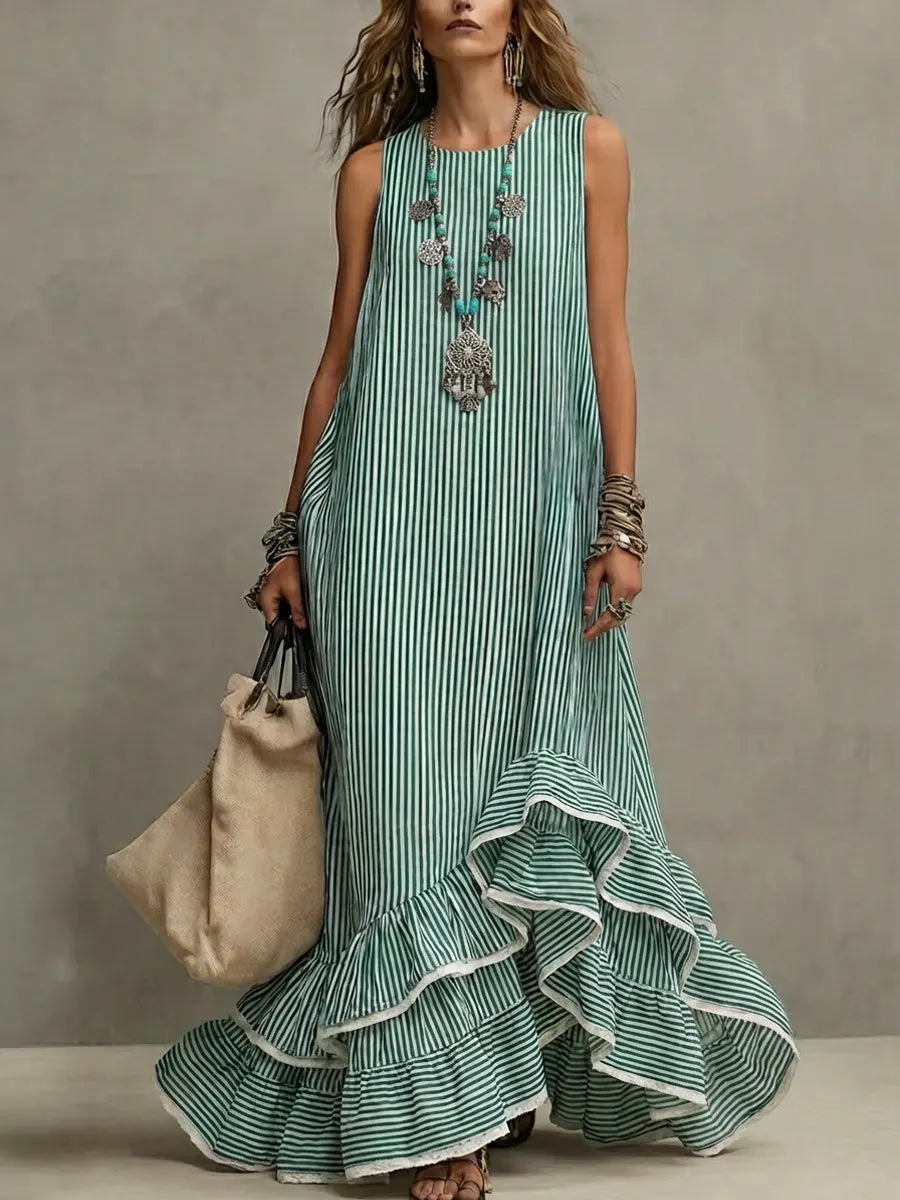 Retro Striped Art Ruffled Casual Stylish Cotton Linen Maxi Dress