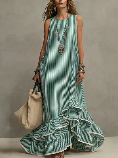 Retro Striped Art Ruffled Casual Stylish Cotton Linen Maxi Dress