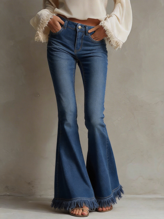 White Frayed-Hem Flared Jeans