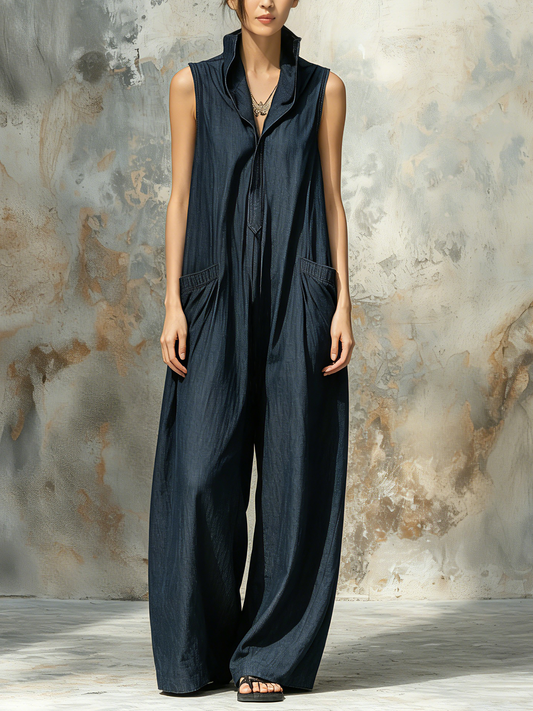 Dark Blue Denim Sleeveless Oversized Wide-Leg Jumpsuit