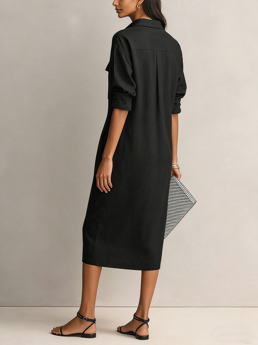 Solid Color Lapel Collar Long-Sleeve Casual Loose Cotton Linen Dress