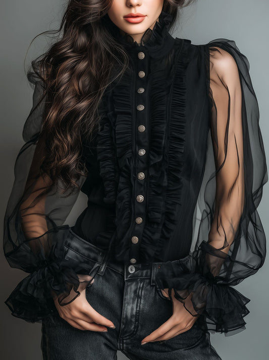 Vintage High Neck Black Sheer Organza Blouse with Ruffle Trim