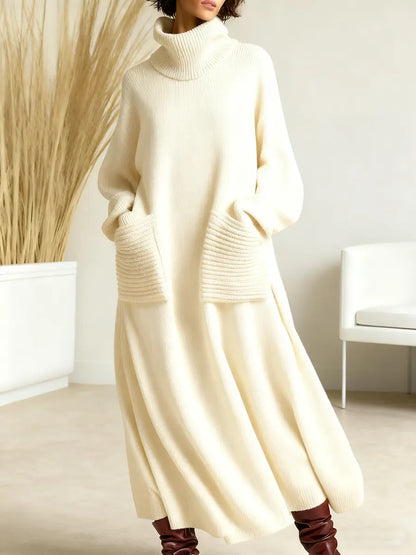 Solid Color High-Neck Long-Sleeve Casual Loose Knit Dress
