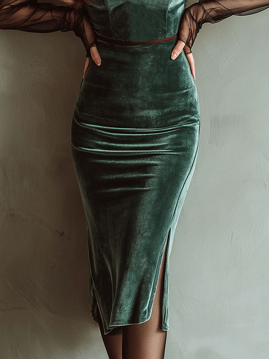 Emerald Velvet Sheer Mesh Sleeves Bodycon Midi Dress with Side Slit