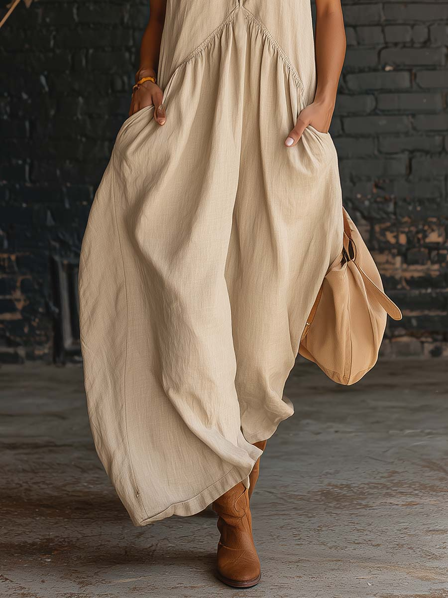 Elegant Resort-Style Stand-Collar Cotton Dress