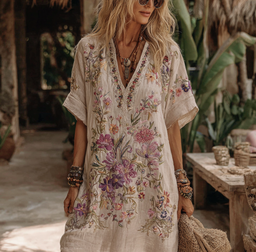 Floral Embroidery Art V-Neck Comfy Midi Dress
