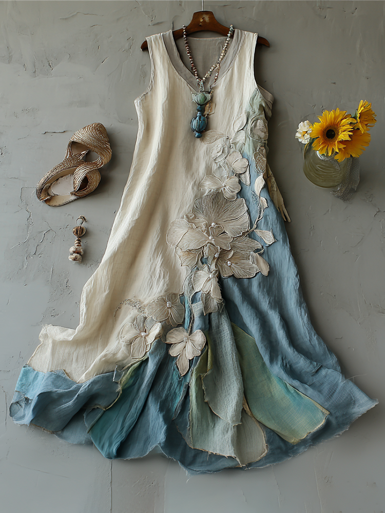 Vintage Floral Embroidery Ombre Linen Dress