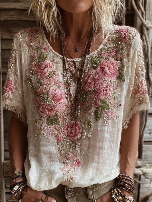 Pink Rose Embroidery Art Round Neck Short-Sleeve Linen Blend T-Shirt