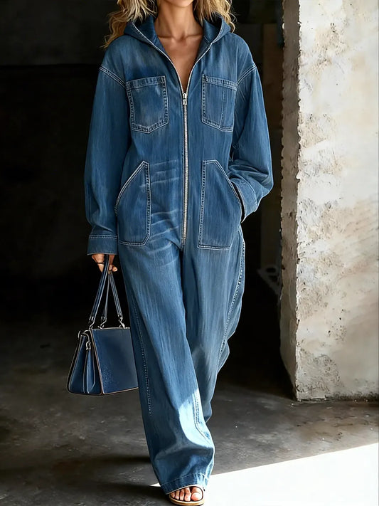 Casual Relaxed Denim Hooded Jumpsuit