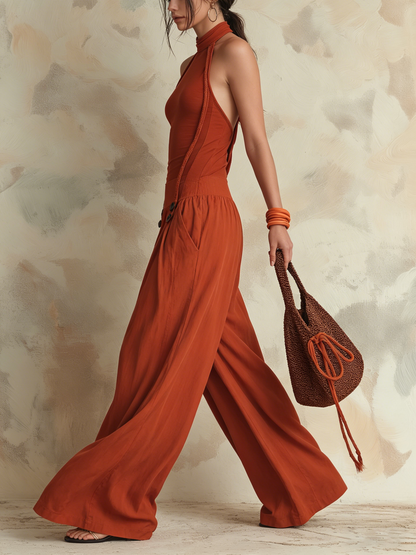Rust Halter Neck Mixed Fabric Wide-Leg Jumpsuit with Pockets