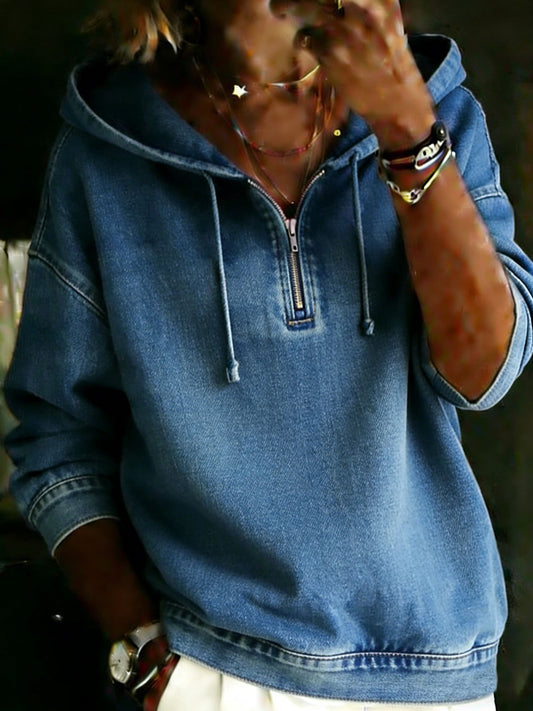 Casual Long-Sleeve Poket Denim Zipper Hoodie