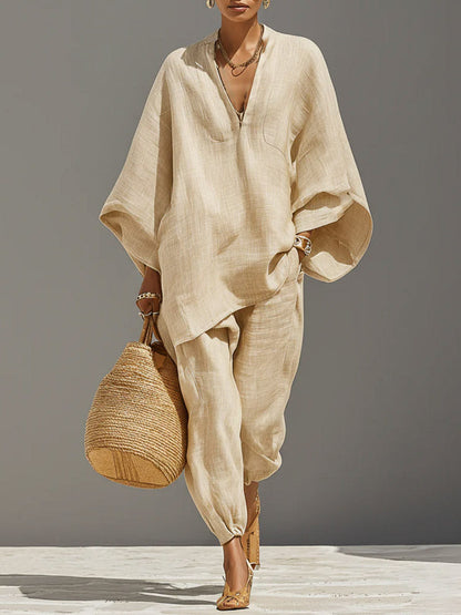 Solid Color V-Neck Long-Sleeve Casual Loose Cotton Linen Top with Elastic Waist and Wide-Leg Pants Set