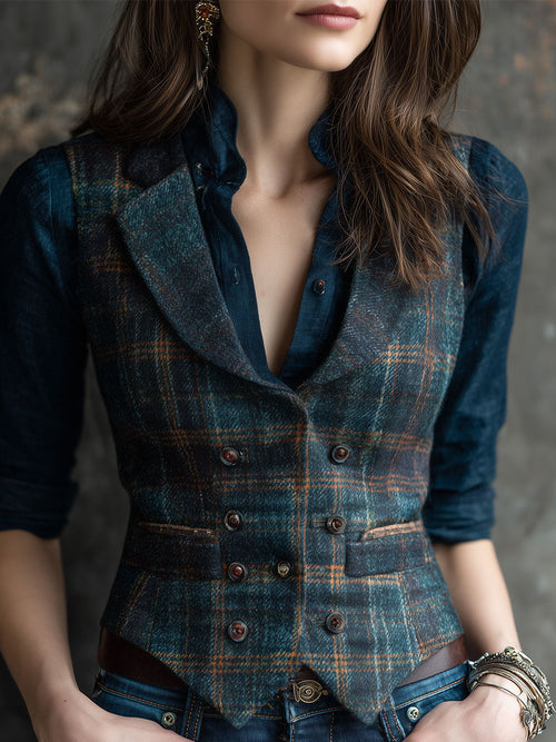 Retro Lapel Plaid Wool Vest