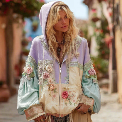 Floral Embroidery Colorblock Boho Casual Zip-Up Hoodie