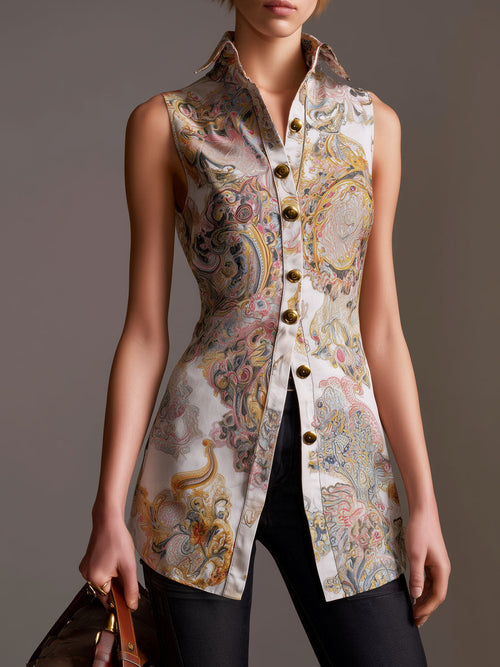 Retro Sleeveless Baroque Print Satin Longline Blouse with Button-Front