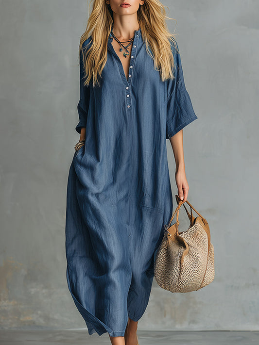 Retro Blue Tencel Denim Short-Sleeved Maxi Dress