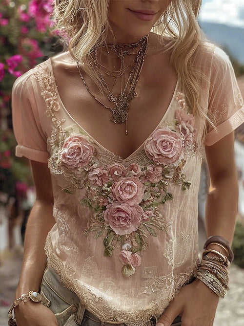 Bohemian Floral Embroidery Art V-Neck Linen Blend T-Shirt