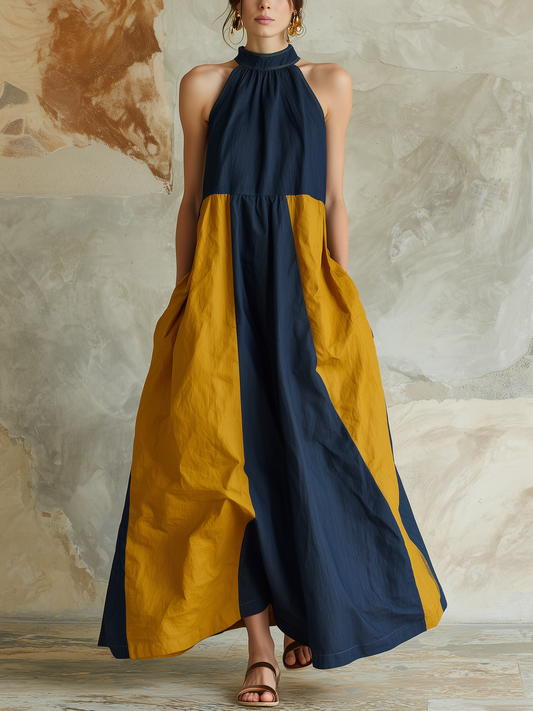 Halter Neck Colorblock Denim Maxi Dress