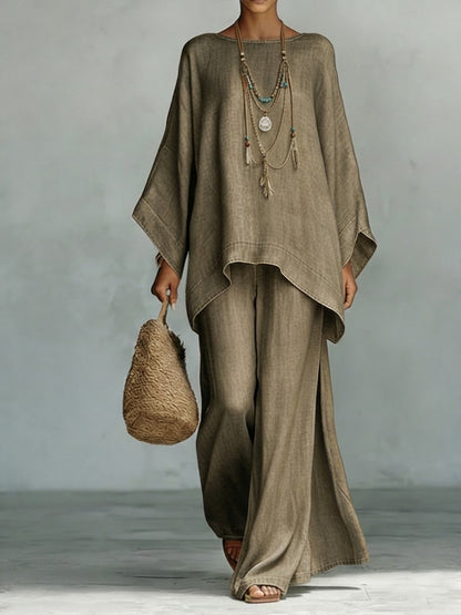 Cozy and Casual Tencel Denim Top and Wide-Leg Pants Two-Piece Set