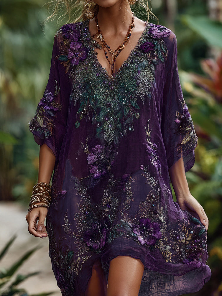 Pansy Floral Embroidery Sequin Beaded Gradient Midi Dress