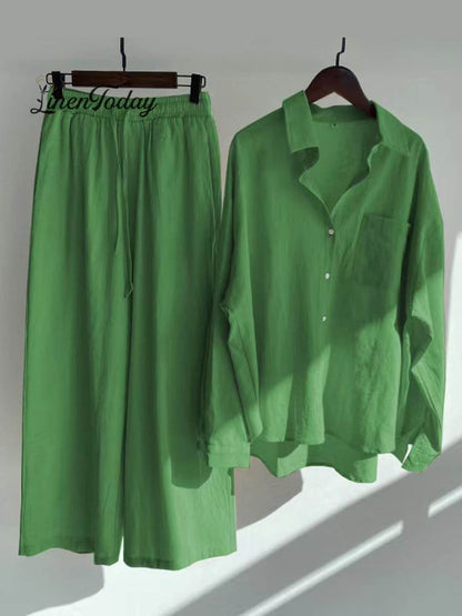 Solid Color Loose Elegant High Waist Casual Cotton and Linen Suit