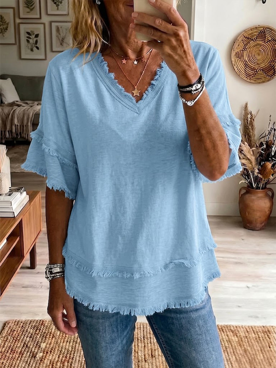 Casual Short-Sleeve Raw-Hem Linen-Blend Top