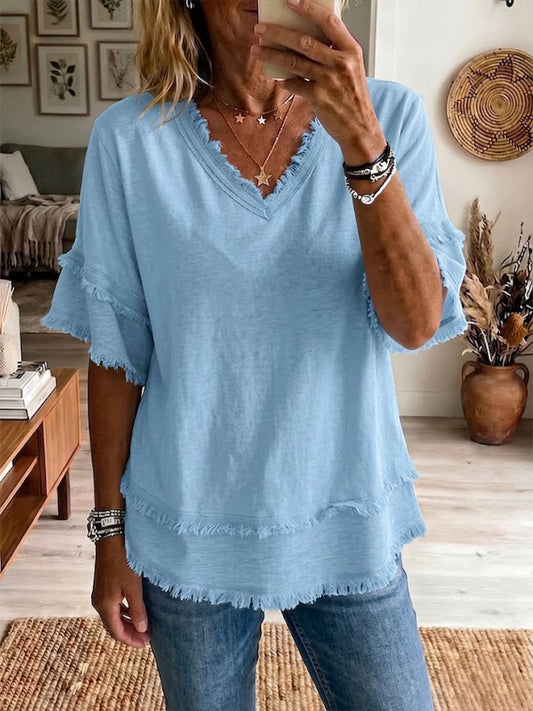 Casual Short-Sleeve Raw-Hem Linen-Blend Top
