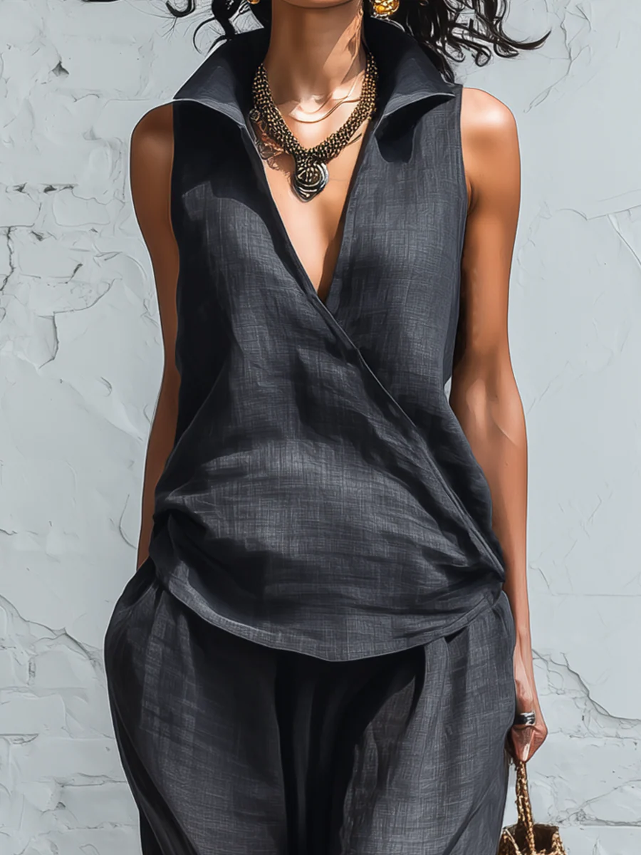 Minimalist Collared Shirt and Wide-Leg Pant Linen Two-Piece Set