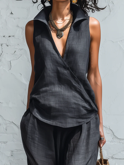 Minimalist Collared Shirt and Wide-Leg Pant Linen Two-Piece Set