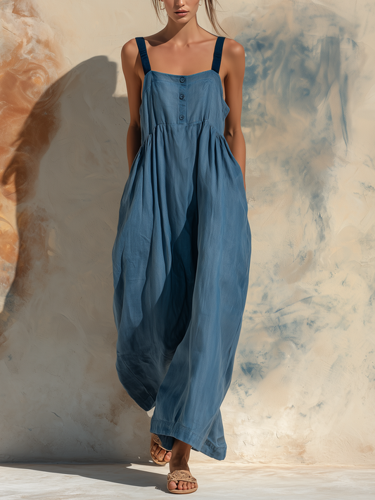 Blue Denim Wide-Leg Jumpsuit with Contrast Straps
