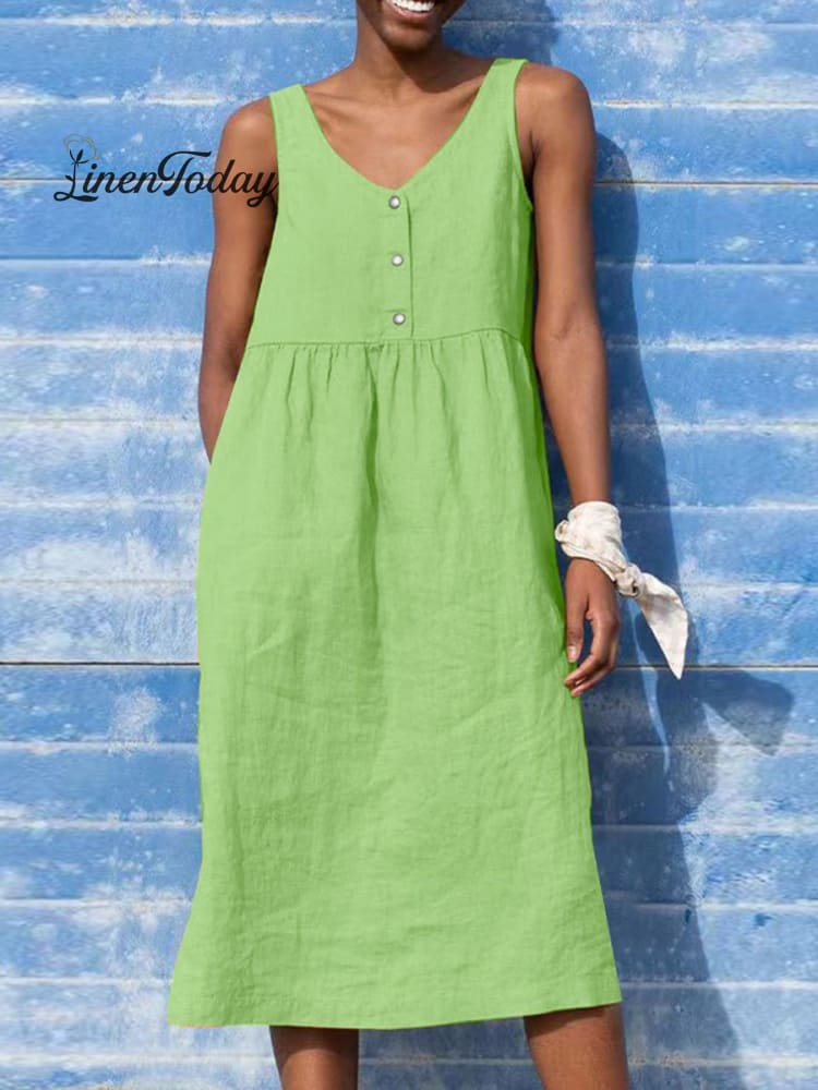 Solid Color Loose Elegant Casual Cotton and Linen Sleeveless Dress