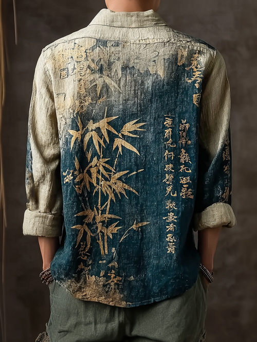 Japanese Art Retro Line Art Linen Casual Long-Sleeve Shirt