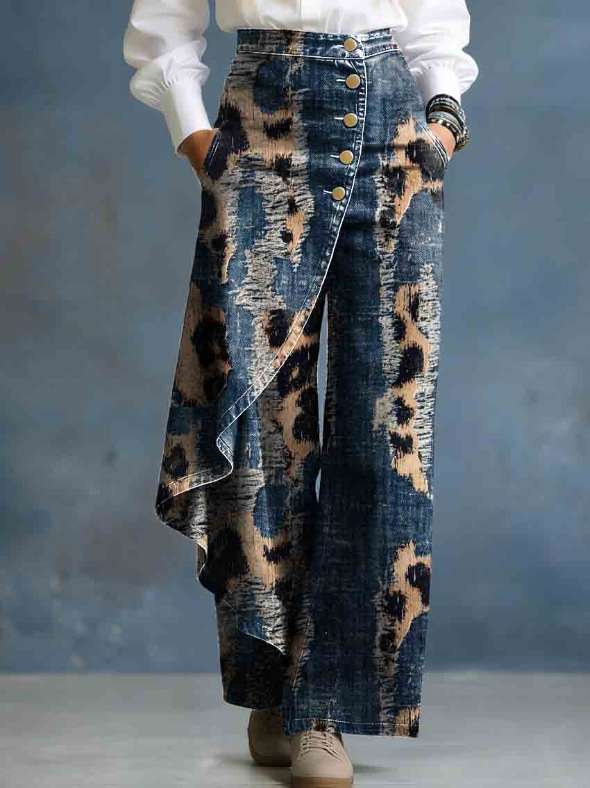Leopard Print Gradient Art Stylish Design High-Waisted Relaxed Fit Wide-Leg Jeans