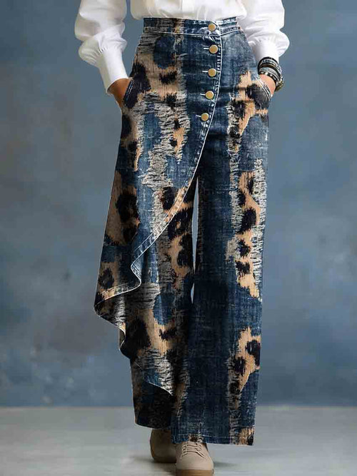 Leopard Print Gradient Art Stylish Design High-Waisted Relaxed Fit Wide-Leg Jeans