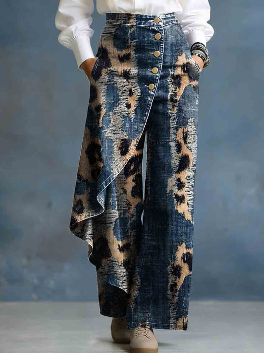 Leopard Print Gradient Art Stylish Design High-Waisted Relaxed Fit Wide-Leg Jeans