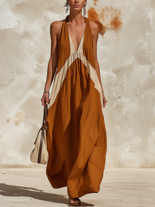Cotton-Blend Colorblock Halter Maxi Dress