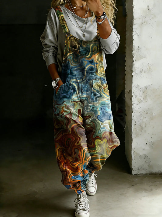 Vintage Psychedelic Art Print Casual One Piece Denim Jumpsuit