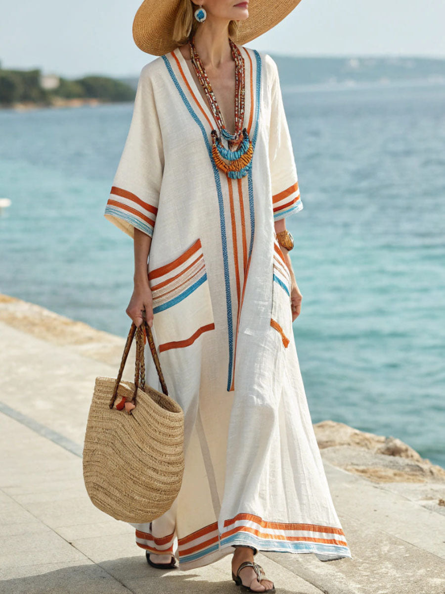 V-Neck Short-Sleeved Long Dress