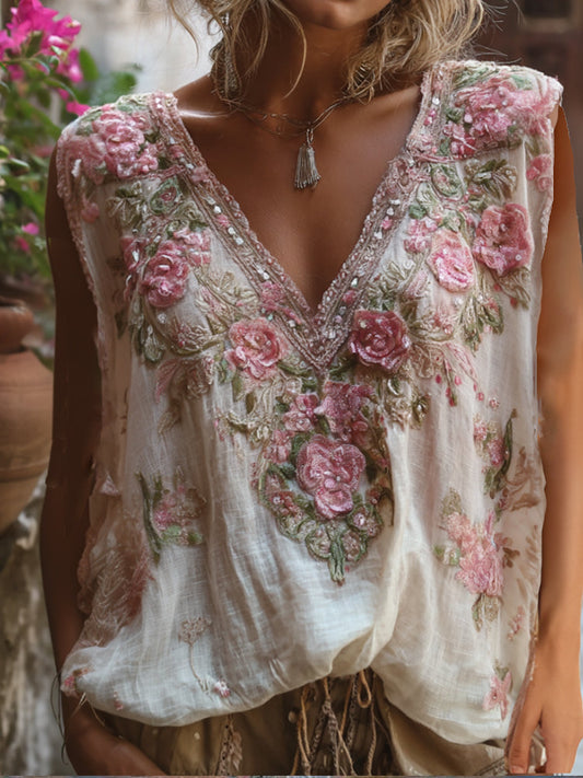 Bohemian Three-Dimensional Pink Floral Sequin Sleeveless Top