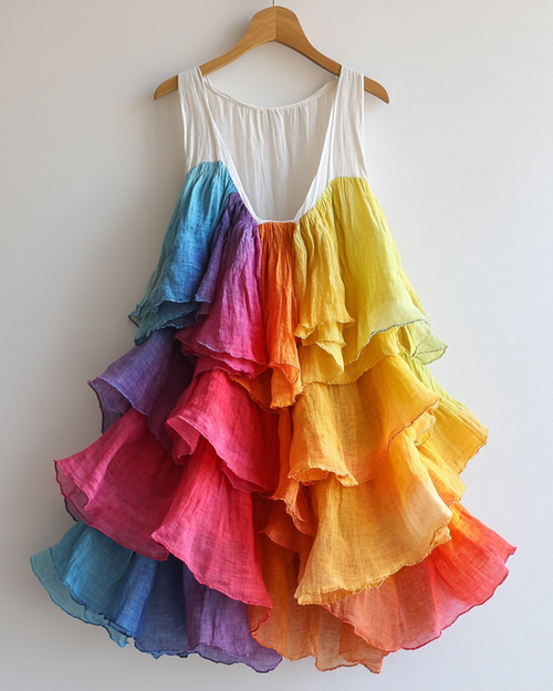 Summer Rainbow Contrast Gradient Chiffon Dress 8582