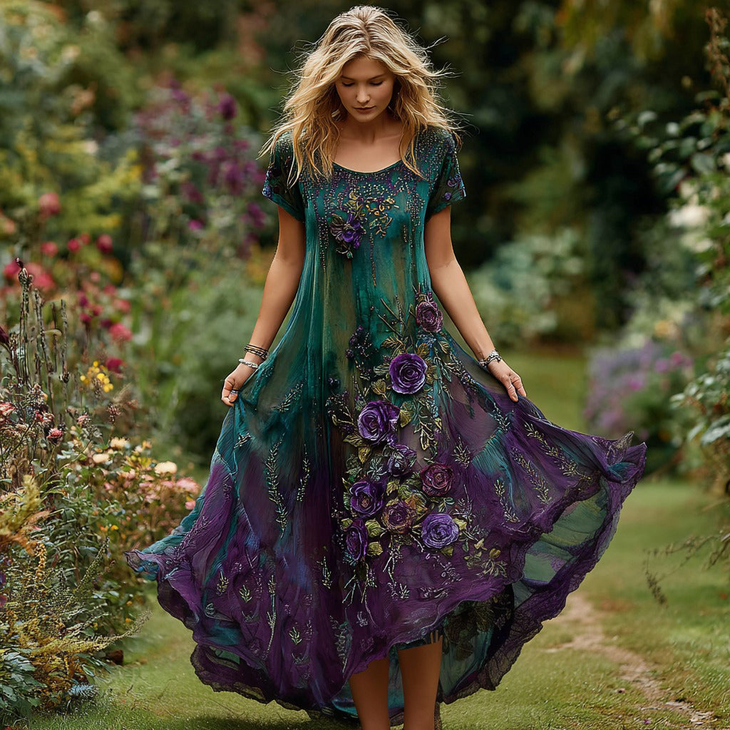 Vintage Floral Embroidery Gradient Pattern Round Neck Dress