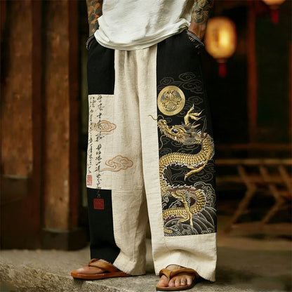 Men's Retro Dragon and Calligraphy Art Wide-Leg Linen Pants