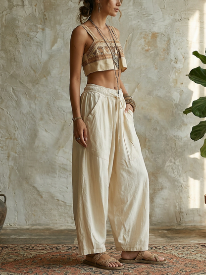 Beige High Waist Drawstring Wide-Leg Baggy Pants