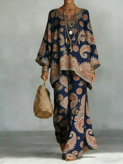 Vintage Ethnic Art Comfortable Loose Cotton Linen Wide-Leg Pants Two-Piece Set