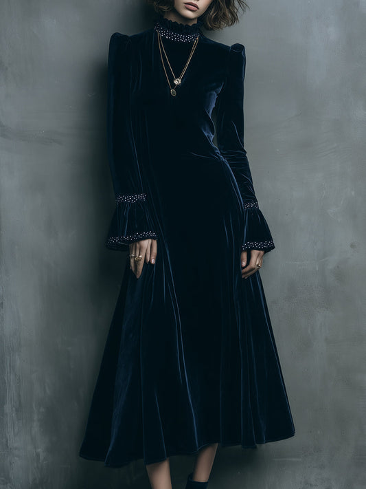 Quiet Luxury Velvet Rhinestone Bell Sleeve Midi Dress